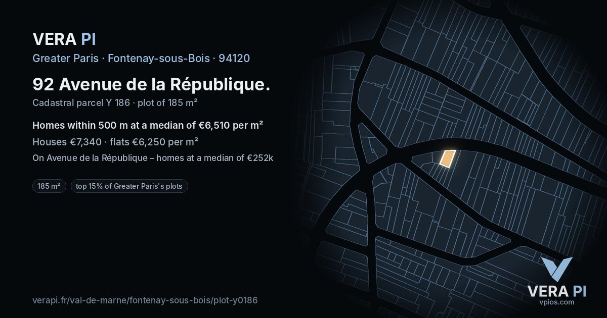 92 Avenue de la République, Fontenay-sous-Bois at night – the plot lit, the parcels around coloured by the prices near them