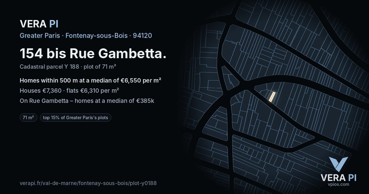 154 bis Rue Gambetta, Fontenay-sous-Bois at night – the plot lit, the parcels around coloured by the prices near them