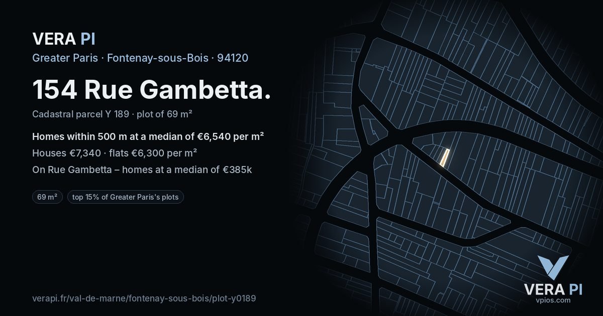 154 Rue Gambetta, Fontenay-sous-Bois at night – the plot lit, the parcels around coloured by the prices near them