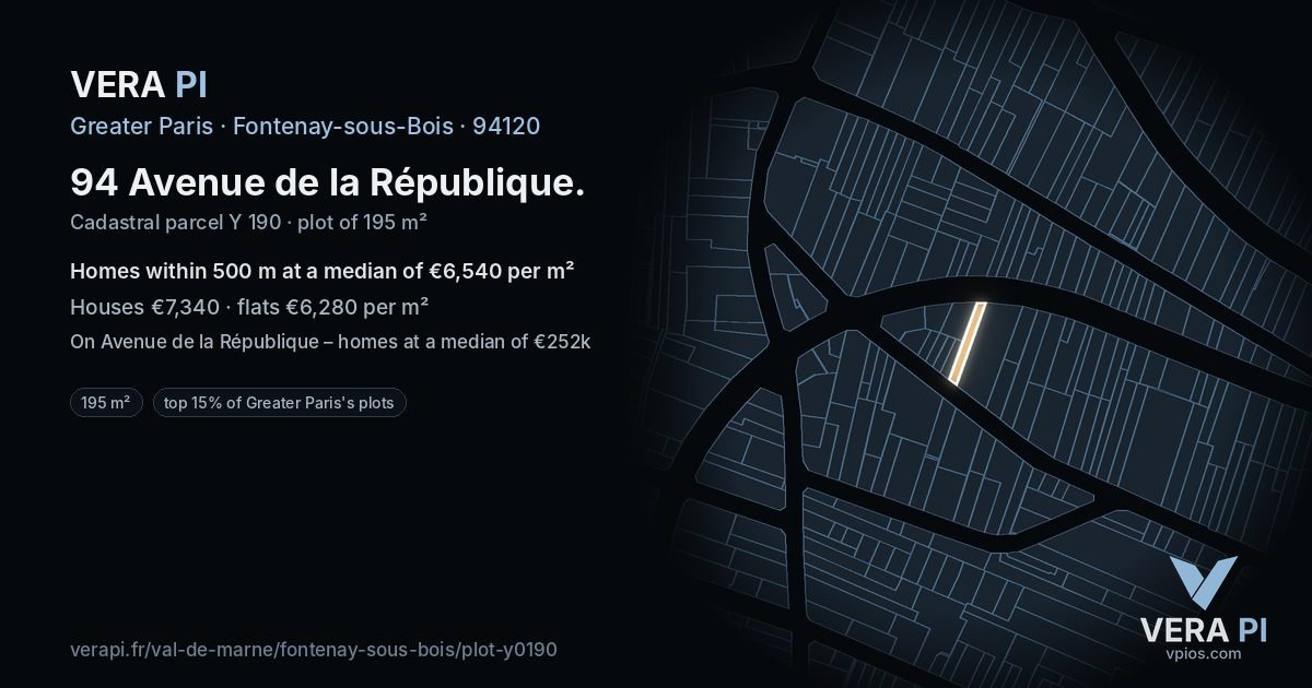 94 Avenue de la République, Fontenay-sous-Bois at night – the plot lit, the parcels around coloured by the prices near them