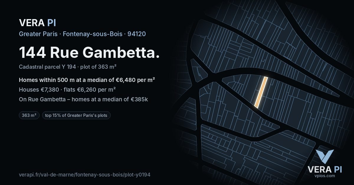 144 Rue Gambetta, Fontenay-sous-Bois at night – the plot lit, the parcels around coloured by the prices near them
