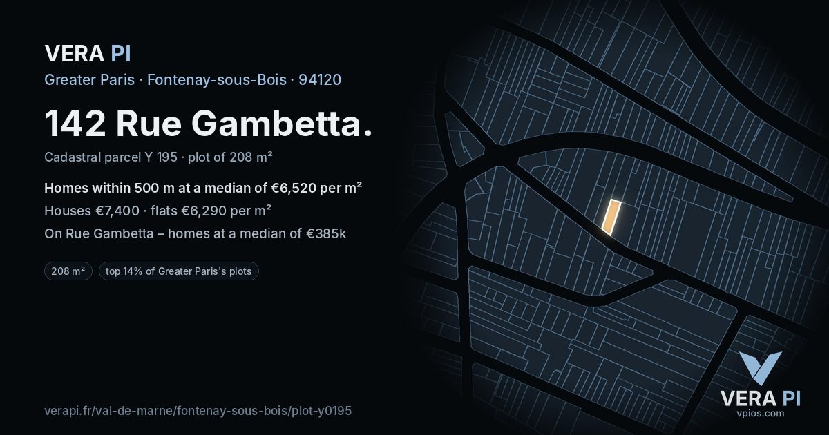 142 Rue Gambetta, Fontenay-sous-Bois at night – the plot lit, the parcels around coloured by the prices near them
