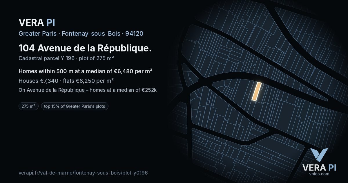 104 Avenue de la République, Fontenay-sous-Bois at night – the plot lit, the parcels around coloured by the prices near them