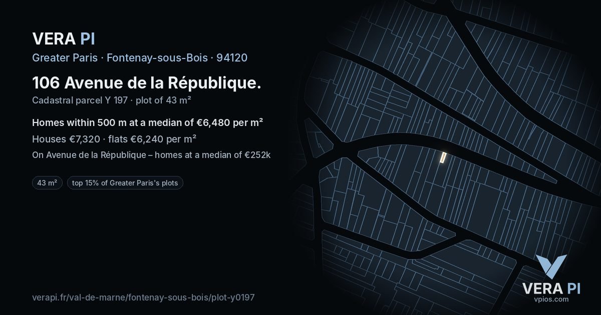 106 Avenue de la République, Fontenay-sous-Bois at night – the plot lit, the parcels around coloured by the prices near them