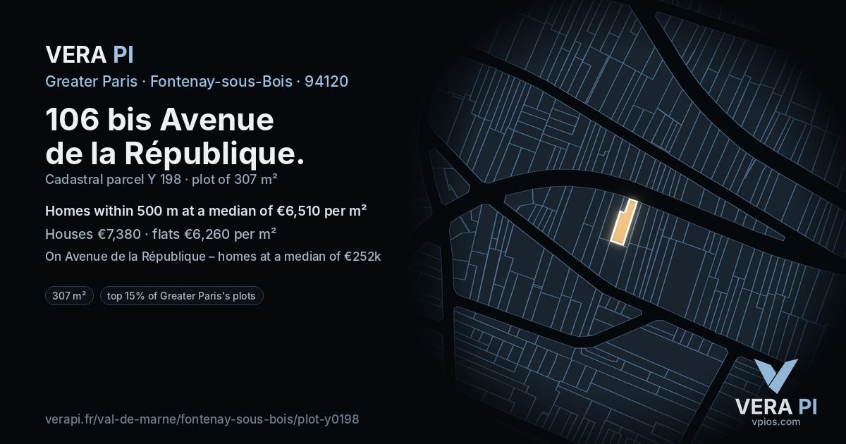 106 bis Avenue de la République, Fontenay-sous-Bois at night – the plot lit, the parcels around coloured by the prices near them