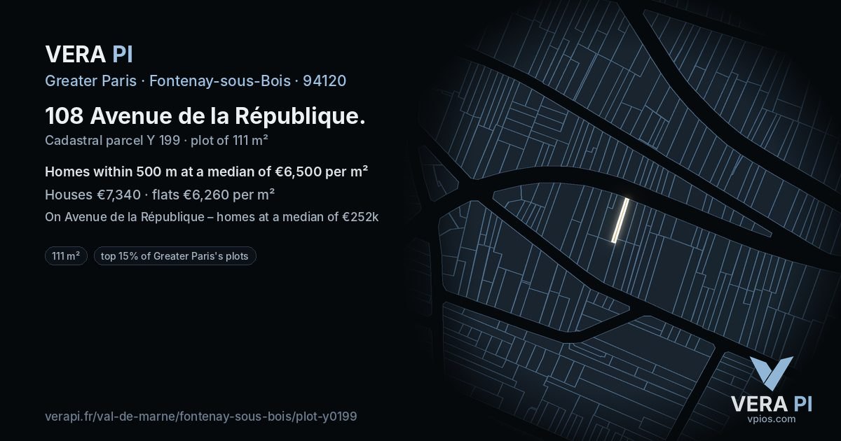 108 Avenue de la République, Fontenay-sous-Bois at night – the plot lit, the parcels around coloured by the prices near them