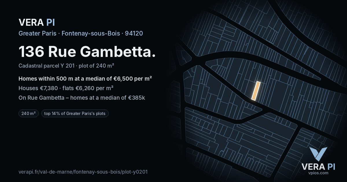 136 Rue Gambetta, Fontenay-sous-Bois at night – the plot lit, the parcels around coloured by the prices near them