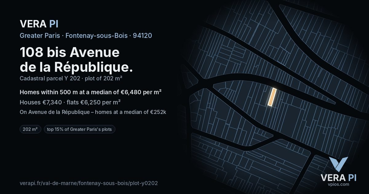 108 bis Avenue de la République, Fontenay-sous-Bois at night – the plot lit, the parcels around coloured by the prices near them