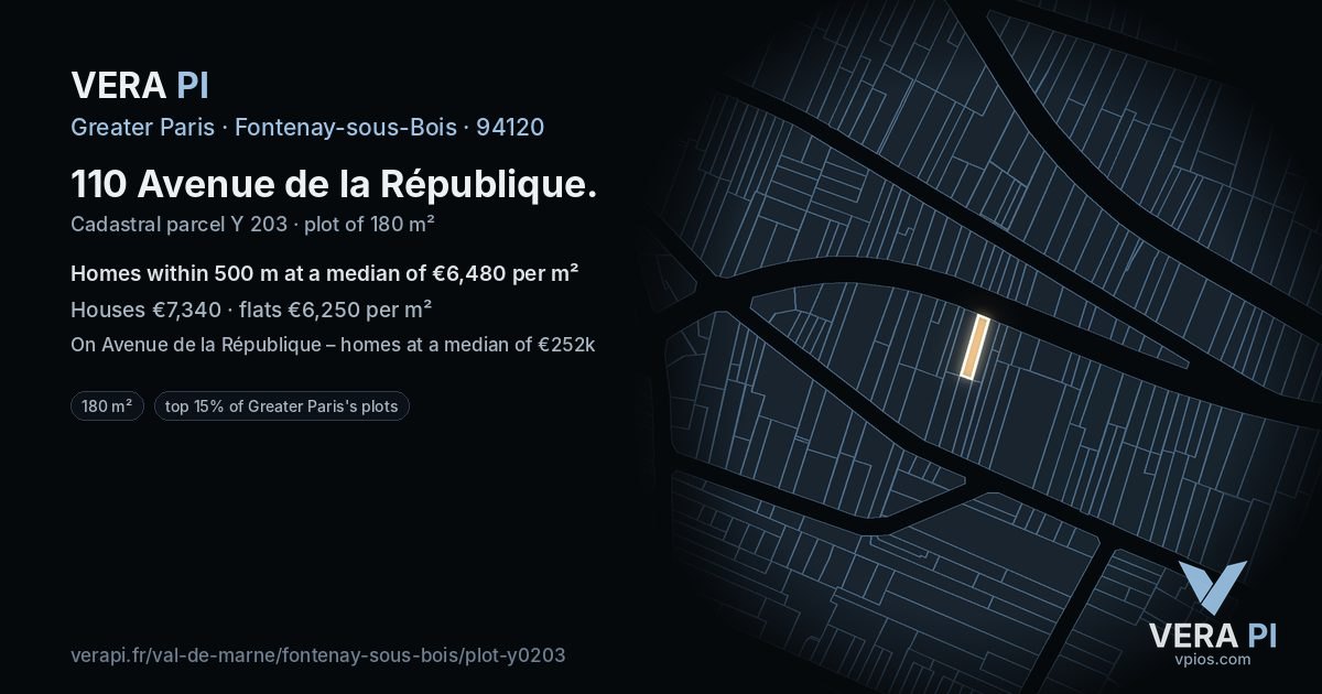 110 Avenue de la République, Fontenay-sous-Bois at night – the plot lit, the parcels around coloured by the prices near them