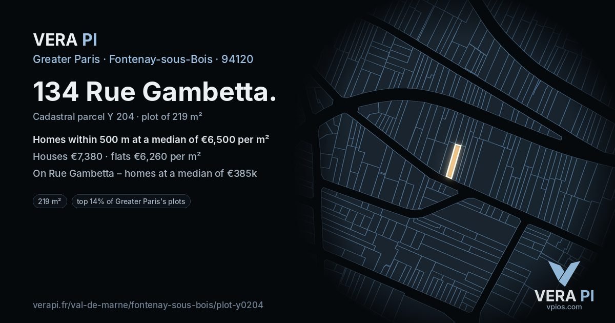134 Rue Gambetta, Fontenay-sous-Bois at night – the plot lit, the parcels around coloured by the prices near them