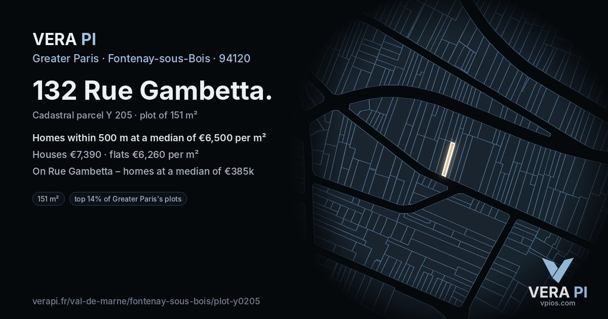 132 Rue Gambetta, Fontenay-sous-Bois at night – the plot lit, the parcels around coloured by the prices near them
