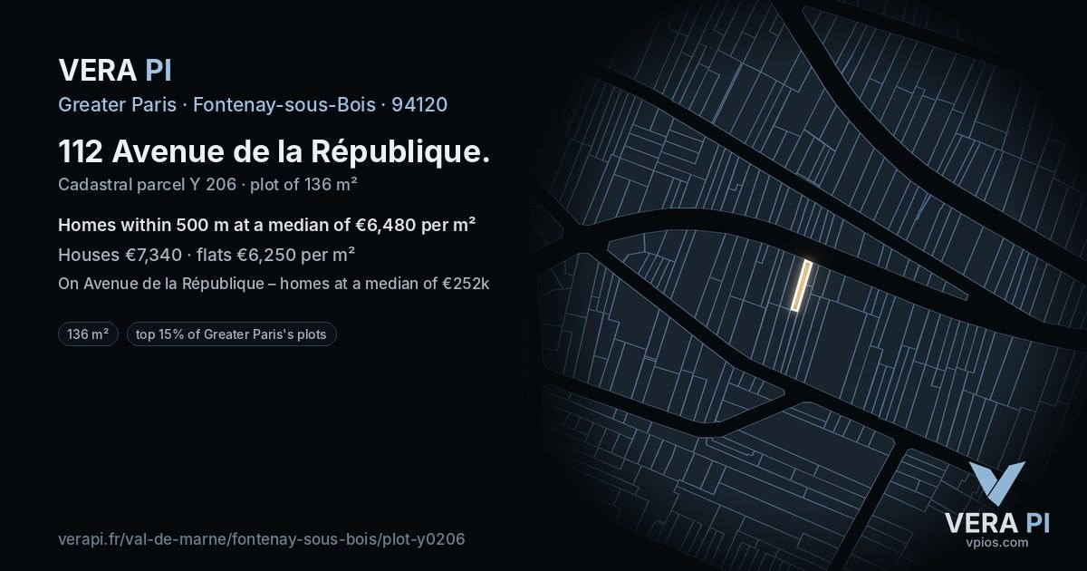 112 Avenue de la République, Fontenay-sous-Bois at night – the plot lit, the parcels around coloured by the prices near them