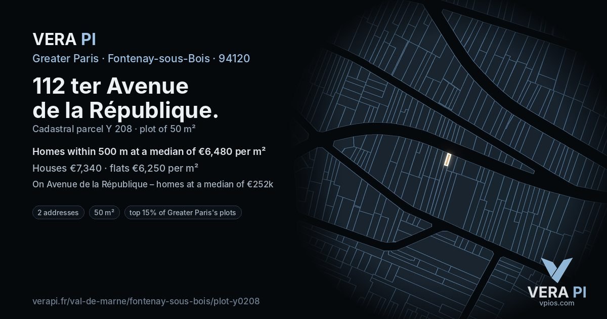 112 ter Avenue de la République, Fontenay-sous-Bois at night – the plot lit, the parcels around coloured by the prices near them