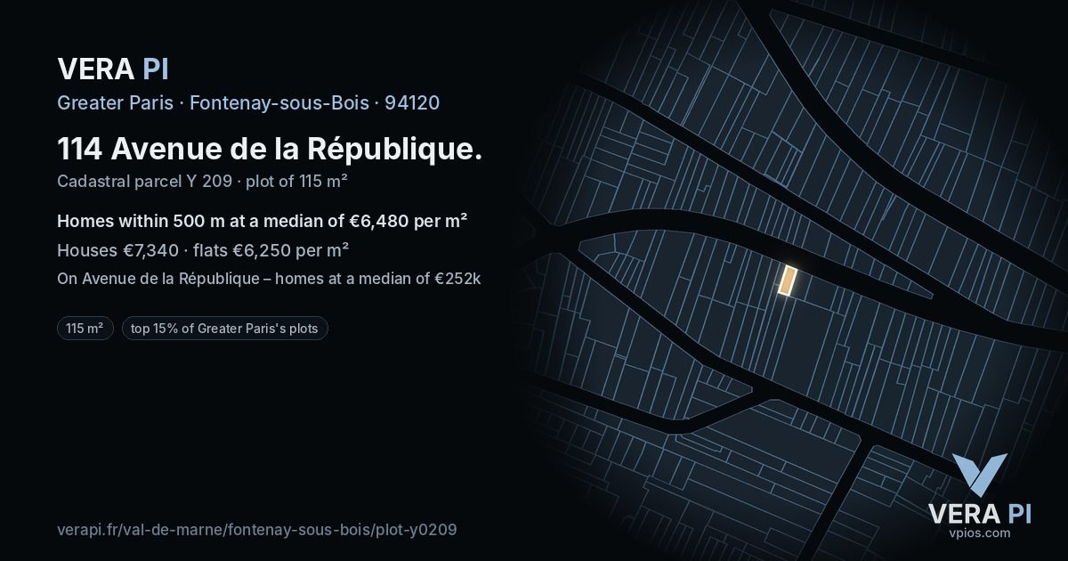 114 Avenue de la République, Fontenay-sous-Bois at night – the plot lit, the parcels around coloured by the prices near them