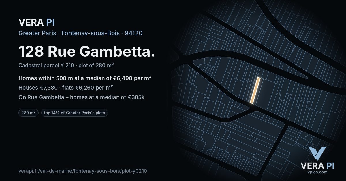 128 Rue Gambetta, Fontenay-sous-Bois at night – the plot lit, the parcels around coloured by the prices near them