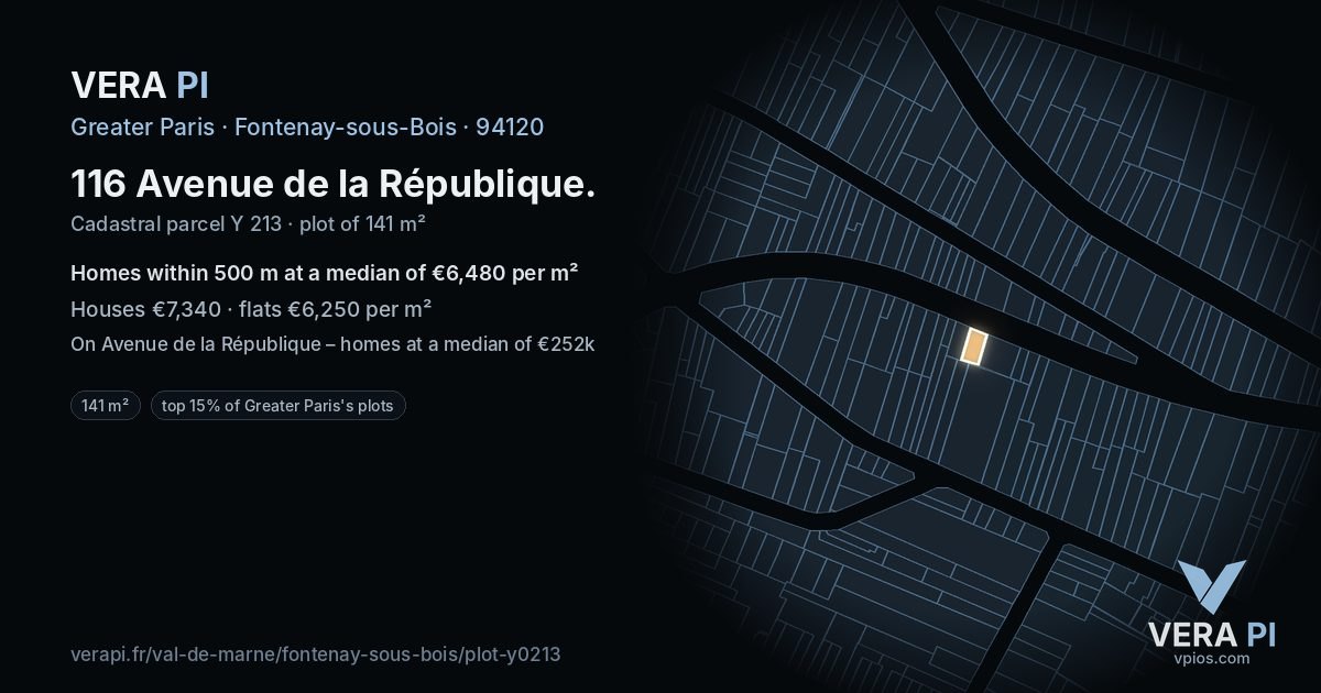 116 Avenue de la République, Fontenay-sous-Bois at night – the plot lit, the parcels around coloured by the prices near them