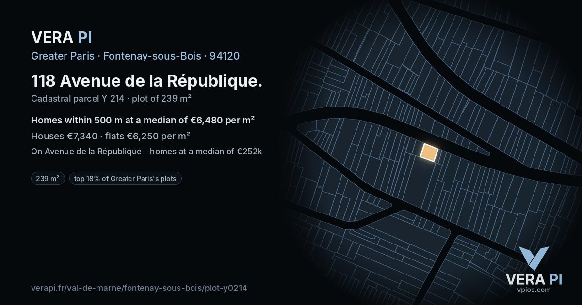 118 Avenue de la République, Fontenay-sous-Bois at night – the plot lit, the parcels around coloured by the prices near them