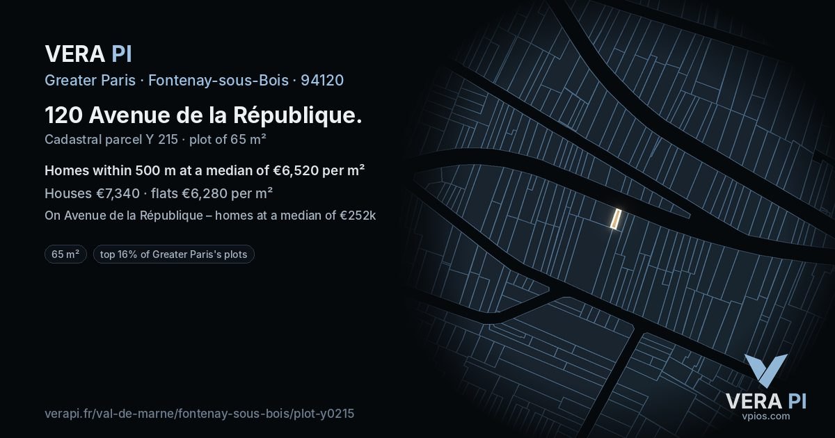 120 Avenue de la République, Fontenay-sous-Bois at night – the plot lit, the parcels around coloured by the prices near them