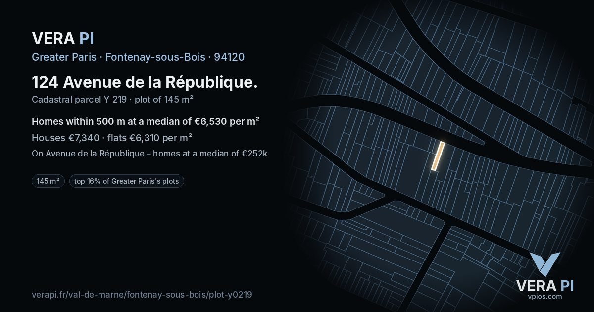 124 Avenue de la République, Fontenay-sous-Bois at night – the plot lit, the parcels around coloured by the prices near them