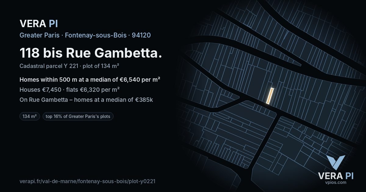 118 bis Rue Gambetta, Fontenay-sous-Bois at night – the plot lit, the parcels around coloured by the prices near them