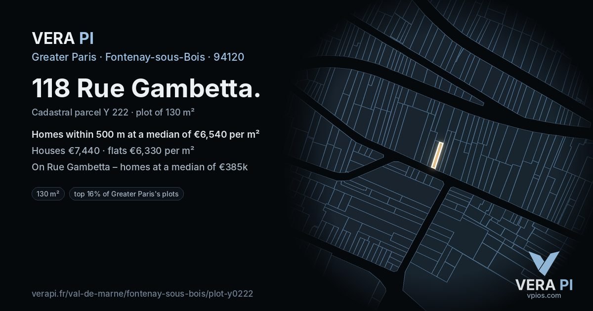 118 Rue Gambetta, Fontenay-sous-Bois at night – the plot lit, the parcels around coloured by the prices near them