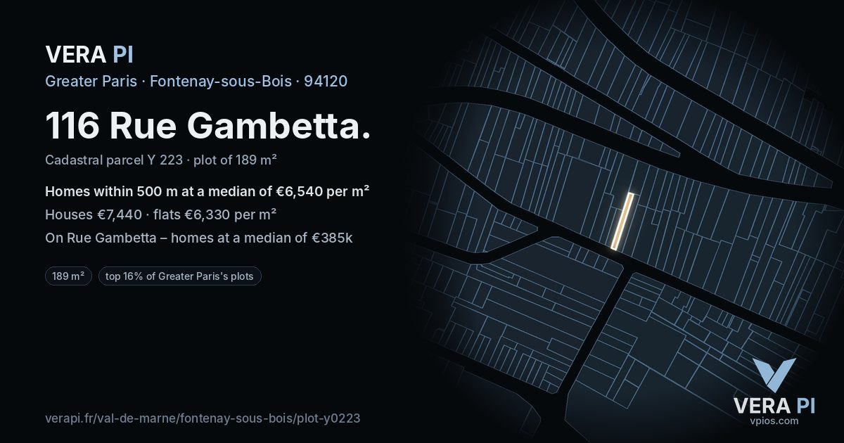 116 Rue Gambetta, Fontenay-sous-Bois at night – the plot lit, the parcels around coloured by the prices near them