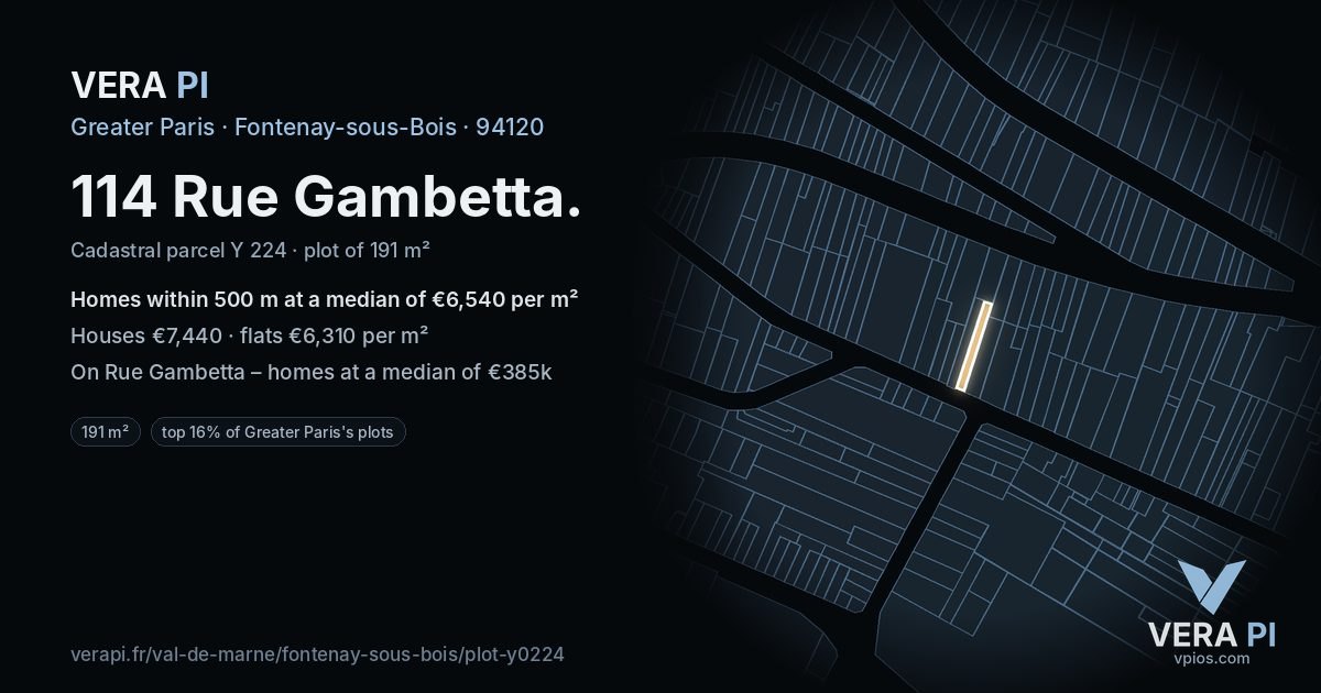 114 Rue Gambetta, Fontenay-sous-Bois at night – the plot lit, the parcels around coloured by the prices near them