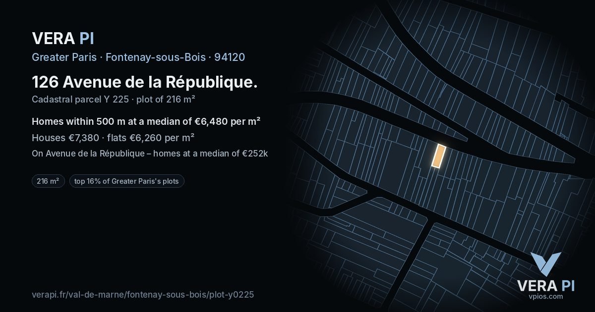 126 Avenue de la République, Fontenay-sous-Bois at night – the plot lit, the parcels around coloured by the prices near them