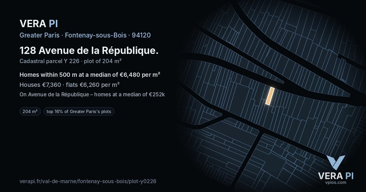 128 Avenue de la République, Fontenay-sous-Bois at night – the plot lit, the parcels around coloured by the prices near them