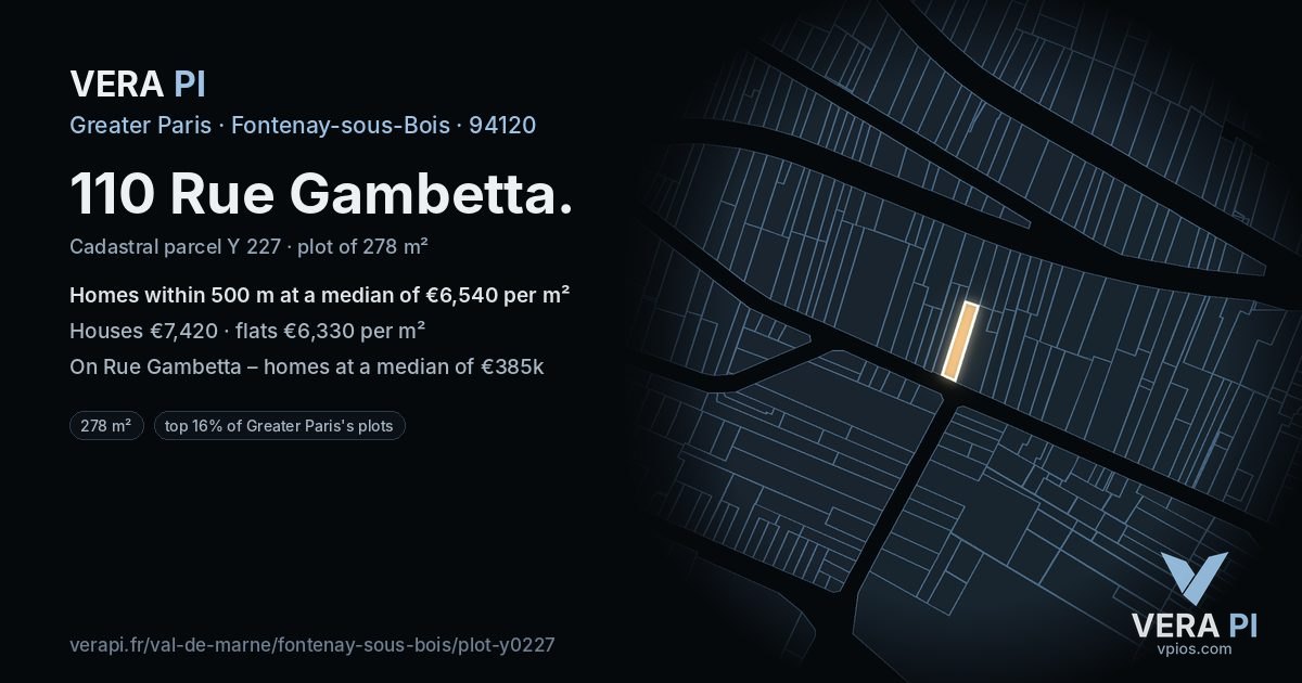 110 Rue Gambetta, Fontenay-sous-Bois at night – the plot lit, the parcels around coloured by the prices near them
