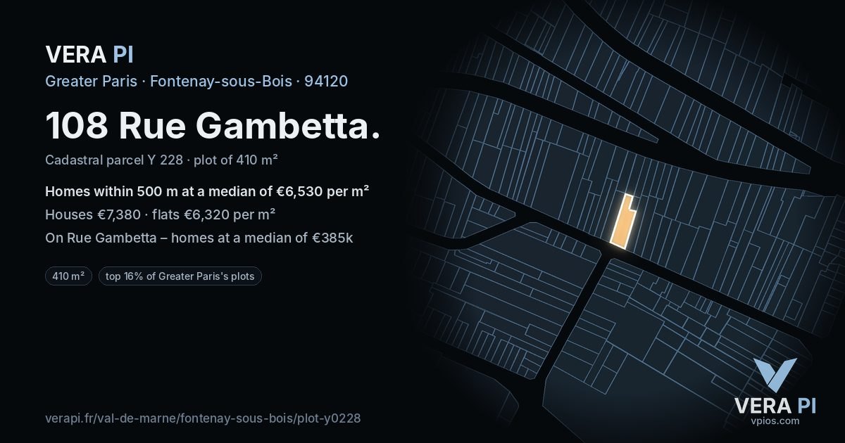 108 Rue Gambetta, Fontenay-sous-Bois at night – the plot lit, the parcels around coloured by the prices near them