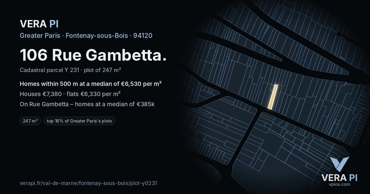 106 Rue Gambetta, Fontenay-sous-Bois at night – the plot lit, the parcels around coloured by the prices near them
