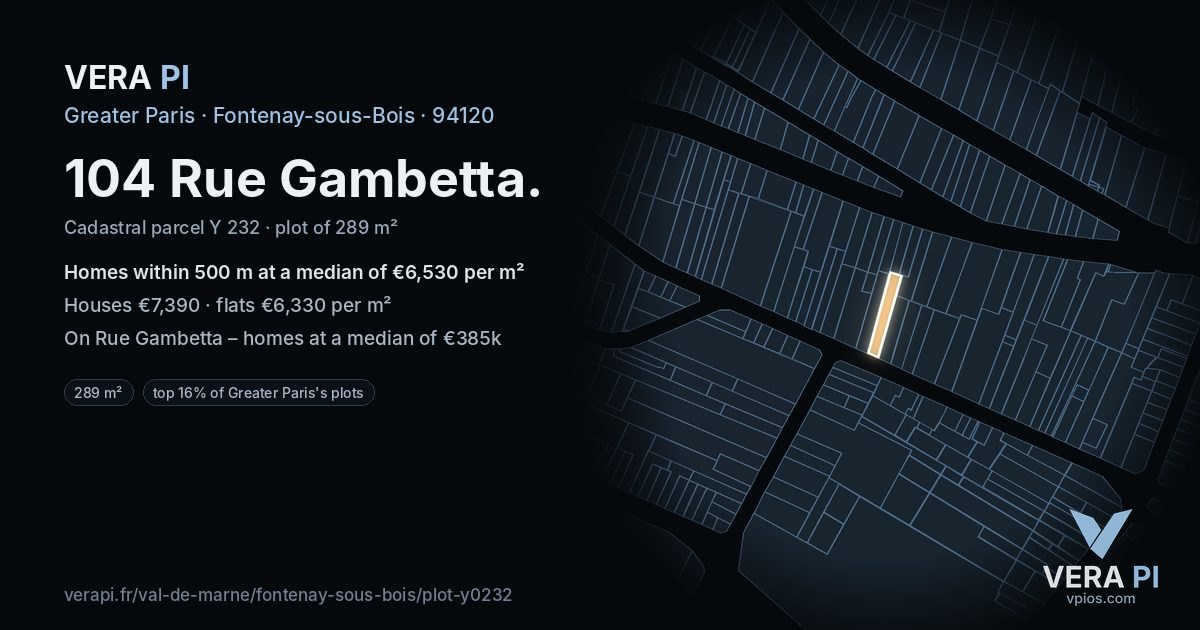 104 Rue Gambetta, Fontenay-sous-Bois at night – the plot lit, the parcels around coloured by the prices near them