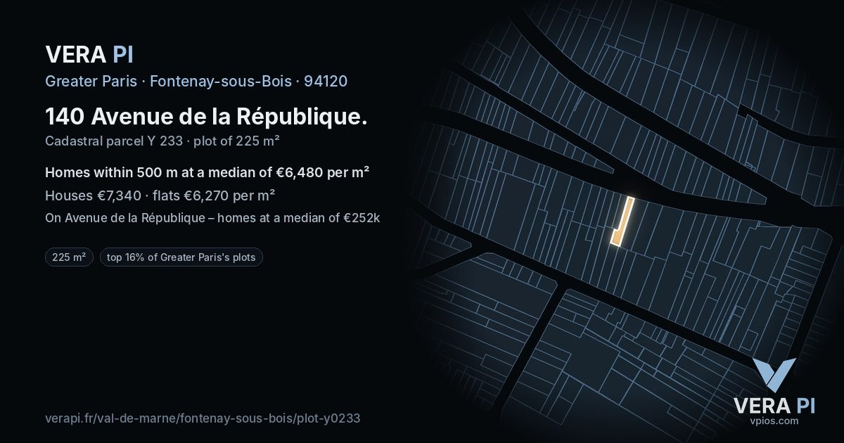 140 Avenue de la République, Fontenay-sous-Bois at night – the plot lit, the parcels around coloured by the prices near them