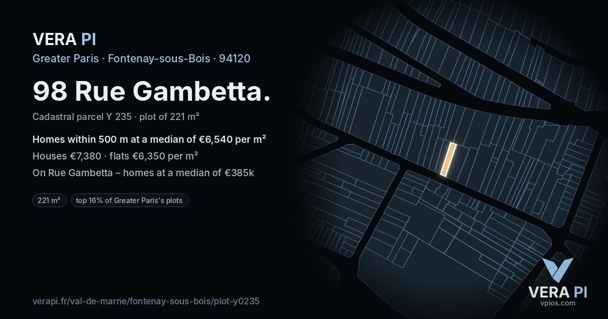 98 Rue Gambetta, Fontenay-sous-Bois at night – the plot lit, the parcels around coloured by the prices near them