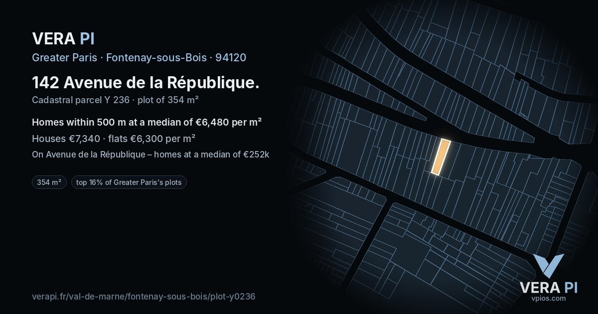 142 Avenue de la République, Fontenay-sous-Bois at night – the plot lit, the parcels around coloured by the prices near them