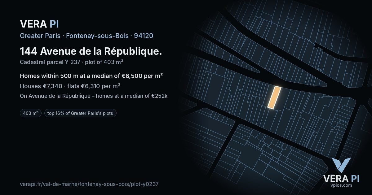 144 Avenue de la République, Fontenay-sous-Bois at night – the plot lit, the parcels around coloured by the prices near them