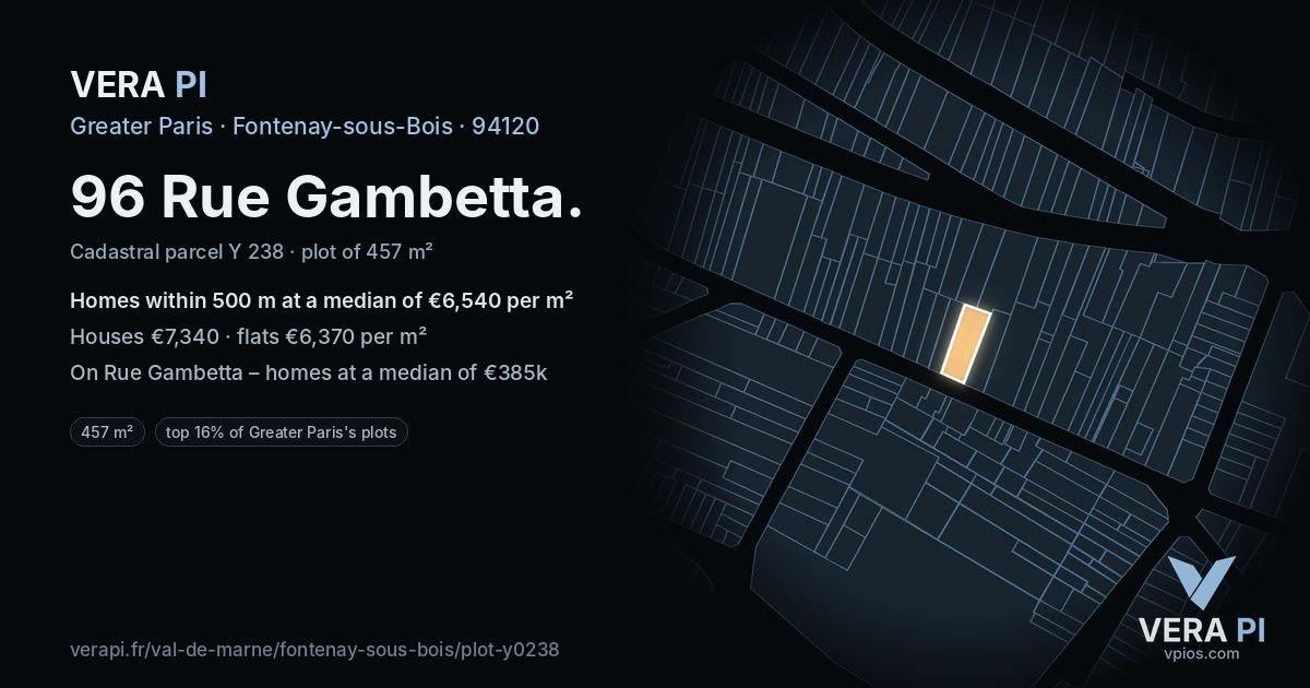 96 Rue Gambetta, Fontenay-sous-Bois at night – the plot lit, the parcels around coloured by the prices near them