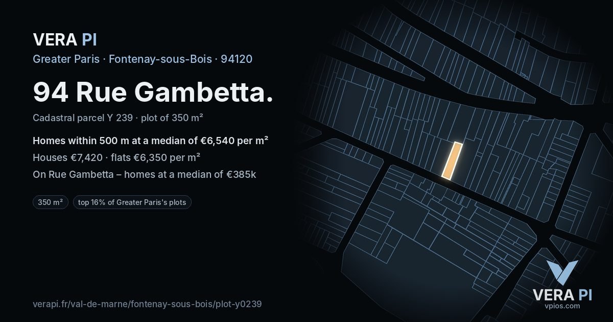 94 Rue Gambetta, Fontenay-sous-Bois at night – the plot lit, the parcels around coloured by the prices near them