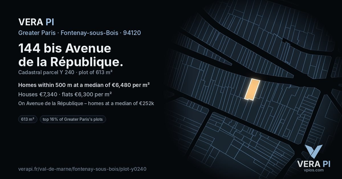 144 bis Avenue de la République, Fontenay-sous-Bois at night – the plot lit, the parcels around coloured by the prices near them
