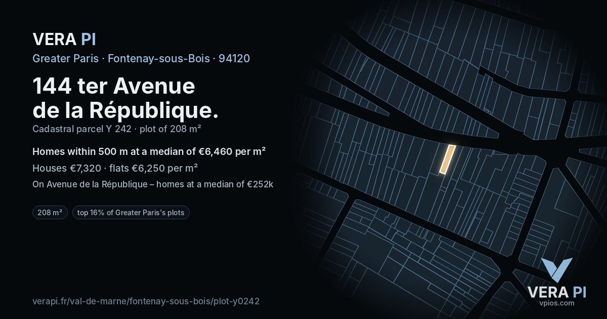 144 ter Avenue de la République, Fontenay-sous-Bois at night – the plot lit, the parcels around coloured by the prices near them