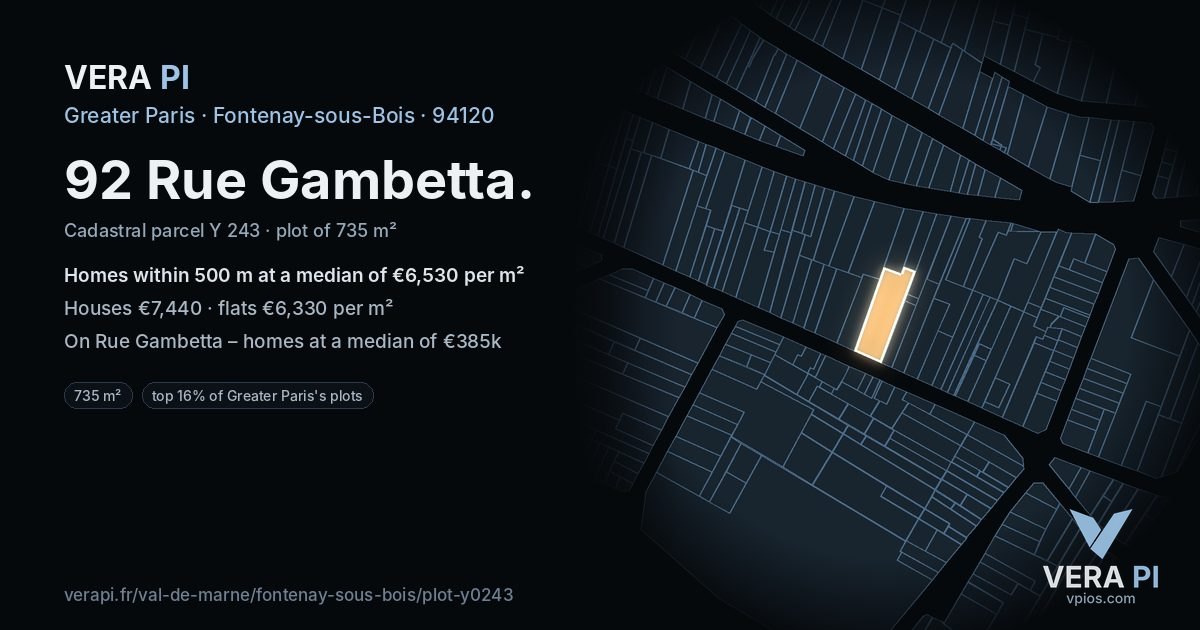 92 Rue Gambetta, Fontenay-sous-Bois at night – the plot lit, the parcels around coloured by the prices near them