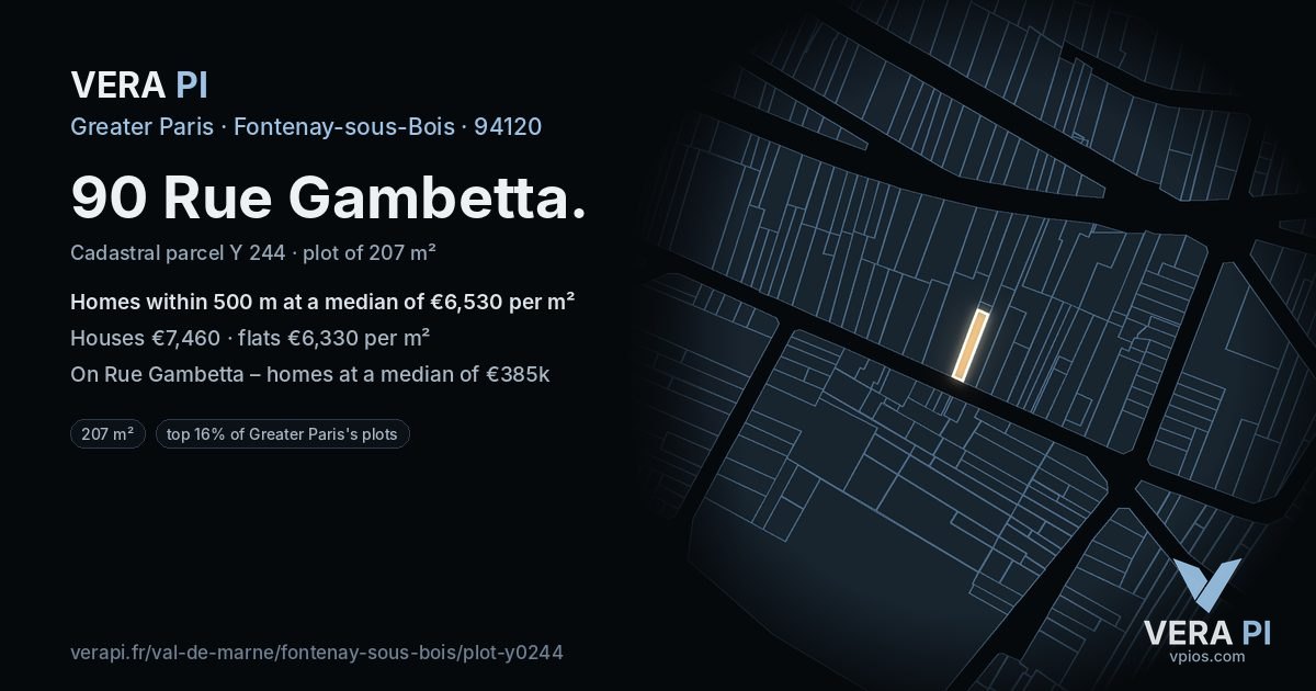 90 Rue Gambetta, Fontenay-sous-Bois at night – the plot lit, the parcels around coloured by the prices near them