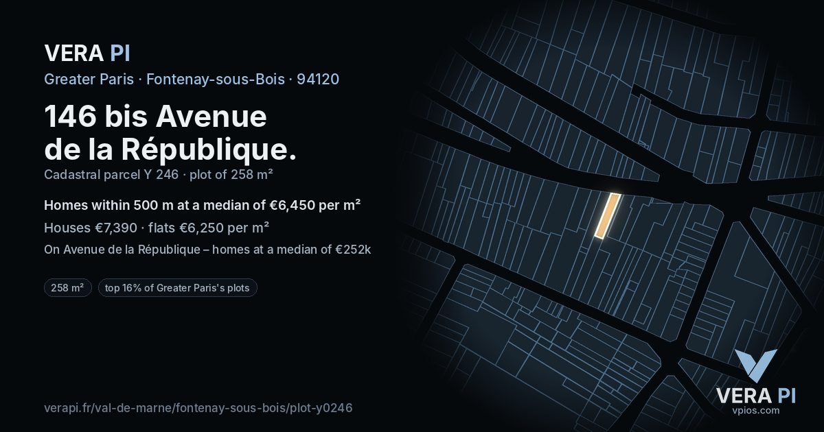 146 bis Avenue de la République, Fontenay-sous-Bois at night – the plot lit, the parcels around coloured by the prices near them