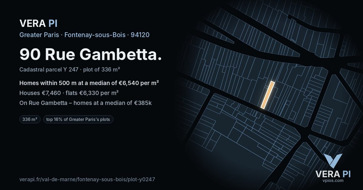 90 Rue Gambetta, Fontenay-sous-Bois at night – the plot lit, the parcels around coloured by the prices near them