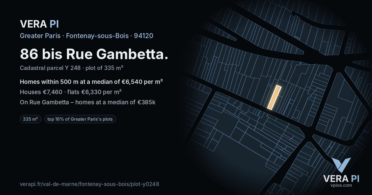 86 bis Rue Gambetta, Fontenay-sous-Bois at night – the plot lit, the parcels around coloured by the prices near them