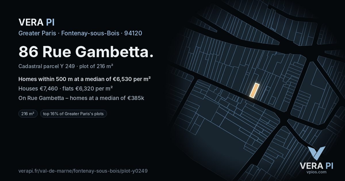 86 Rue Gambetta, Fontenay-sous-Bois at night – the plot lit, the parcels around coloured by the prices near them
