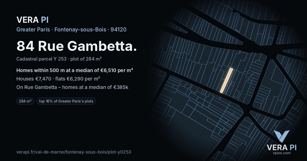 84 Rue Gambetta, Fontenay-sous-Bois at night – the plot lit, the parcels around coloured by the prices near them
