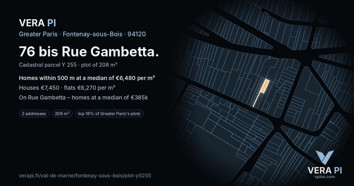 76 bis Rue Gambetta, Fontenay-sous-Bois at night – the plot lit, the parcels around coloured by the prices near them