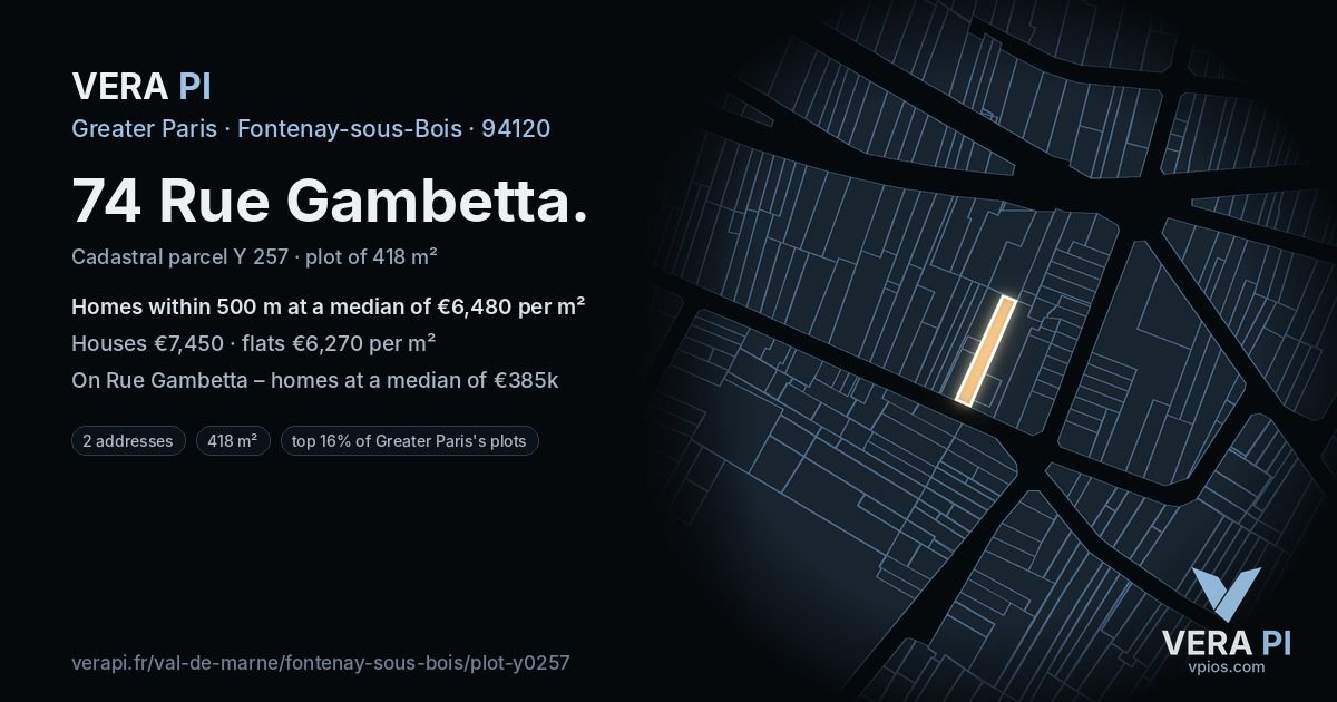 74 Rue Gambetta, Fontenay-sous-Bois at night – the plot lit, the parcels around coloured by the prices near them